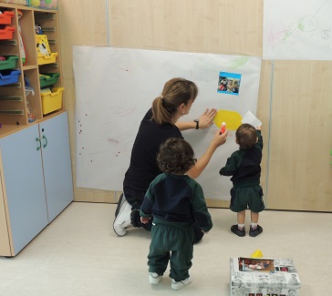 Los alumnos pegan sus fotos en un mural