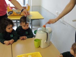 Conociendo los alimentos, los alumnos de Nursery 1 hacen zumo de frutas. 