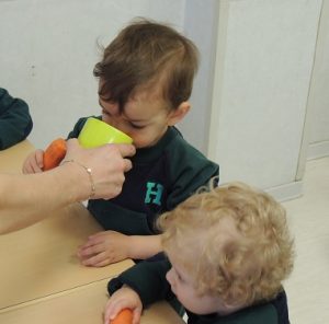 Conociendo los alimentos, los alumnos de Nursery 1 hacen zumo de frutas. 