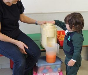 Conociendo los alimentos, los alumnos de Nursery 1 hacen zumo de frutas. 