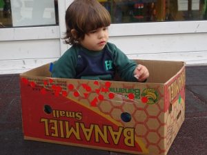 Taller de plástica con cajas en el patio.