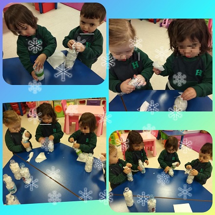 Con técnica de rasgado y arrugado hacen un muñeco de nieve en Nursery 2